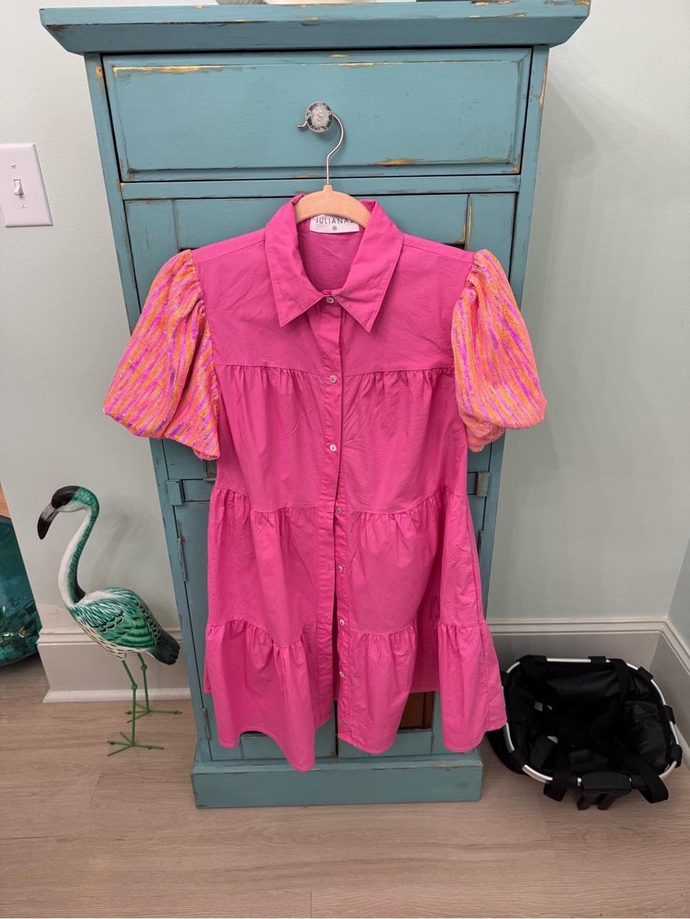 Bright Pink Mini Dress with Multicolor Puff Sleeves